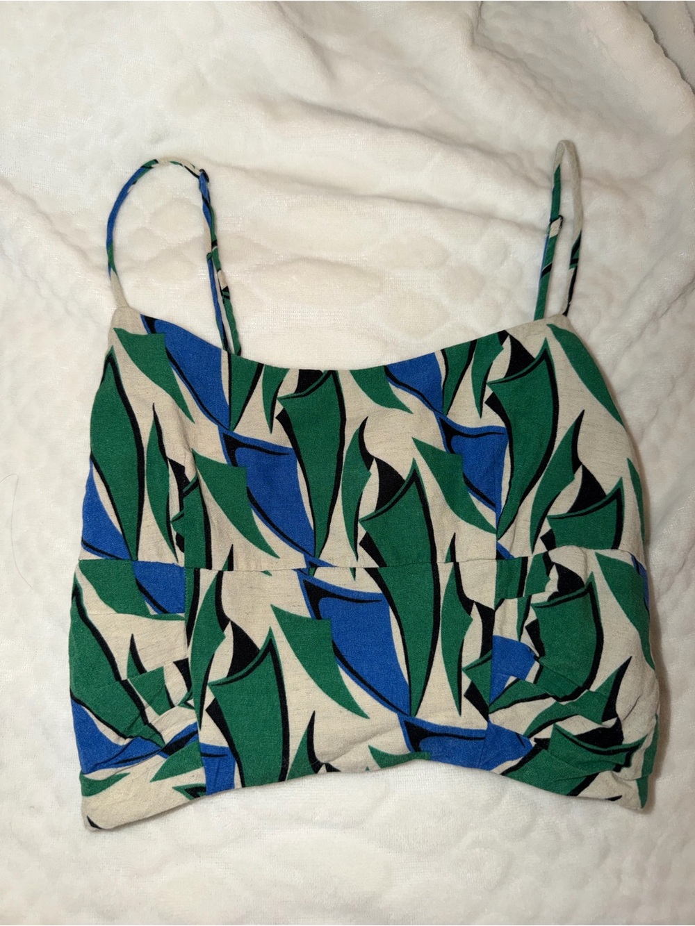 Zara Cream Tank Top with Green & Blue Leaf Accents